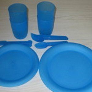Dinnerware Set 25 Piece Plates Cups Spoon Forks Knives Saucers Clear Tote Blue